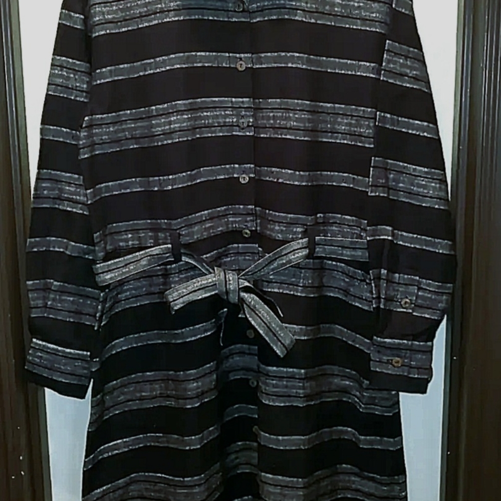 Black & White Stripe Autumn Tie-Waist Shirt Dress - Women by People  Tree NWOT - Picture 5 of 6